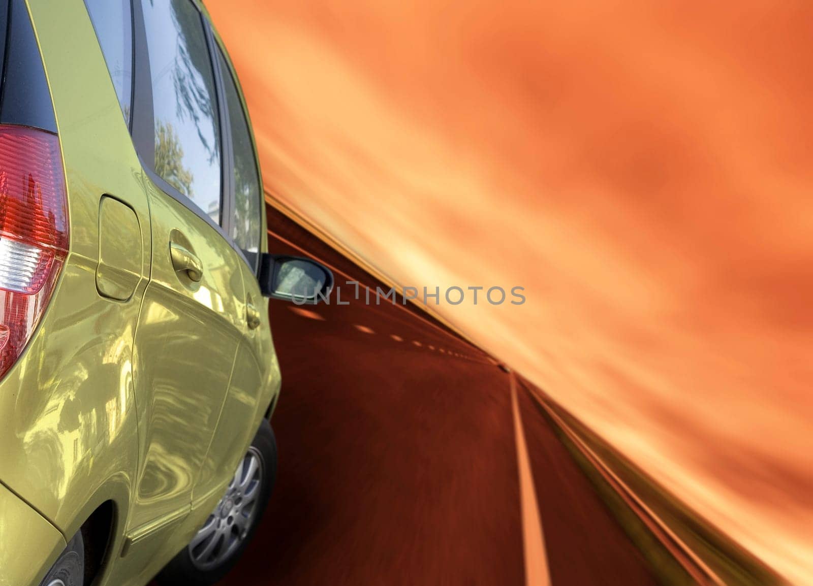 Fast car on the highway. Back view.