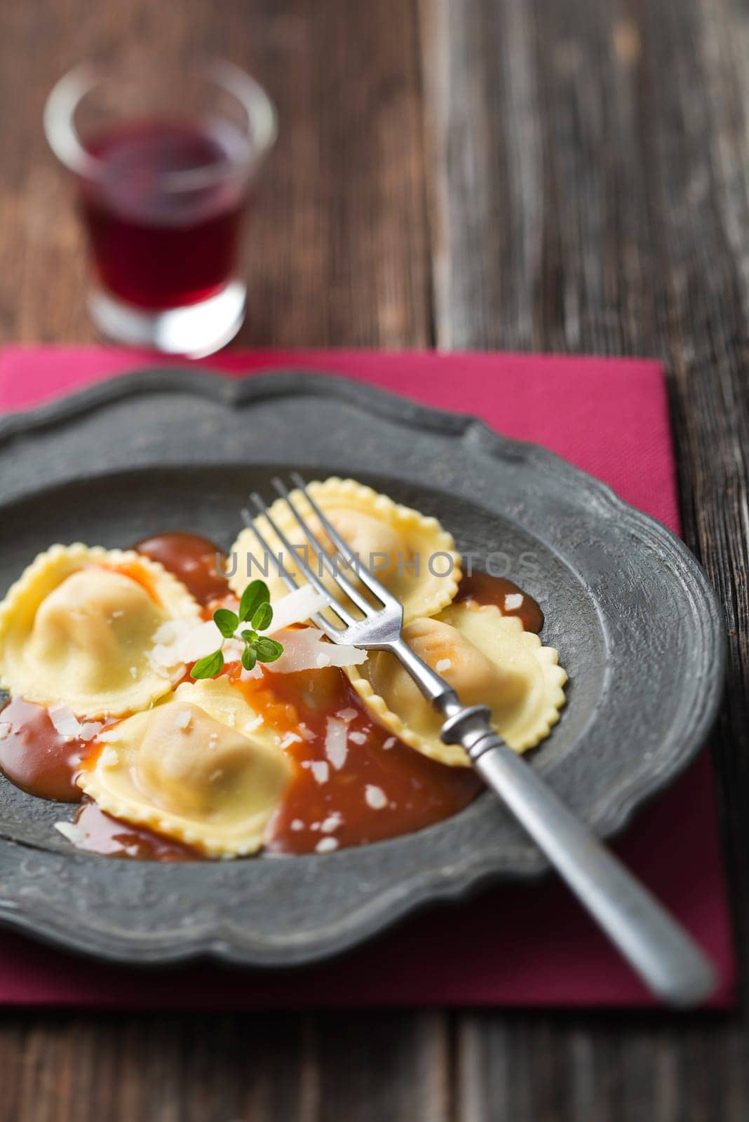 Ravioli pasta with red tomato sauce