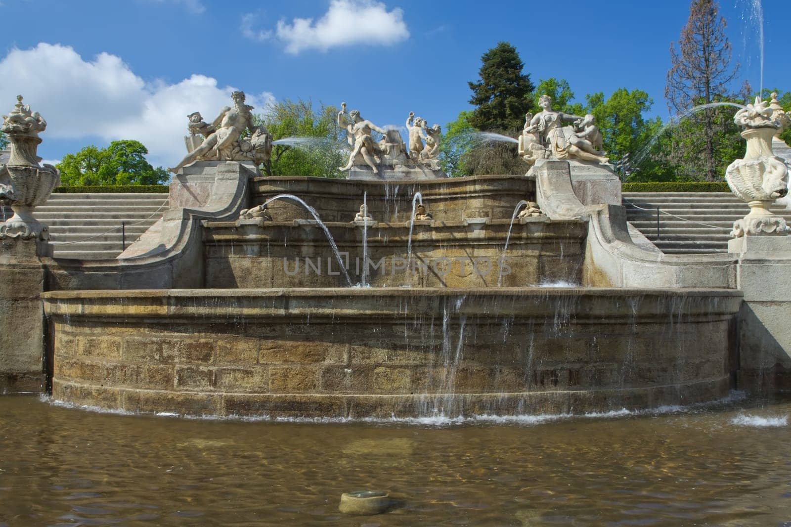 Old town of Cesky Krumlov (Czech Republic, Central Europe). Famous fountain in the garden.
