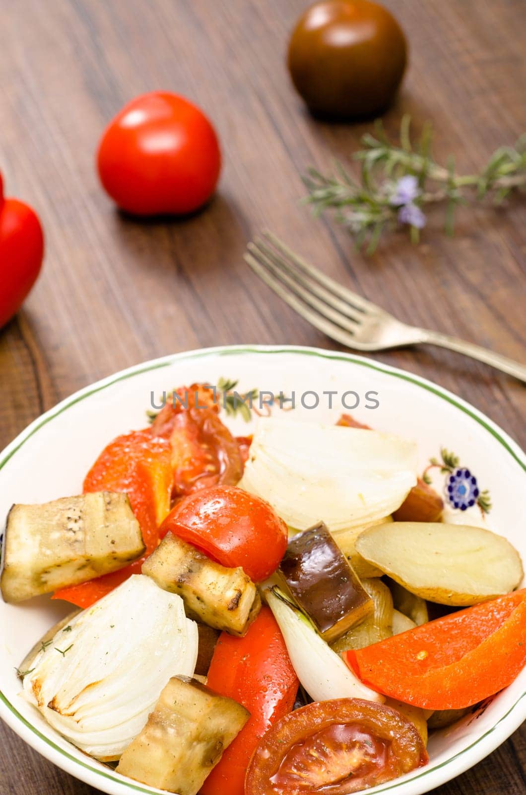 Grilled vegetables in a bowl of porcelain in portrait format