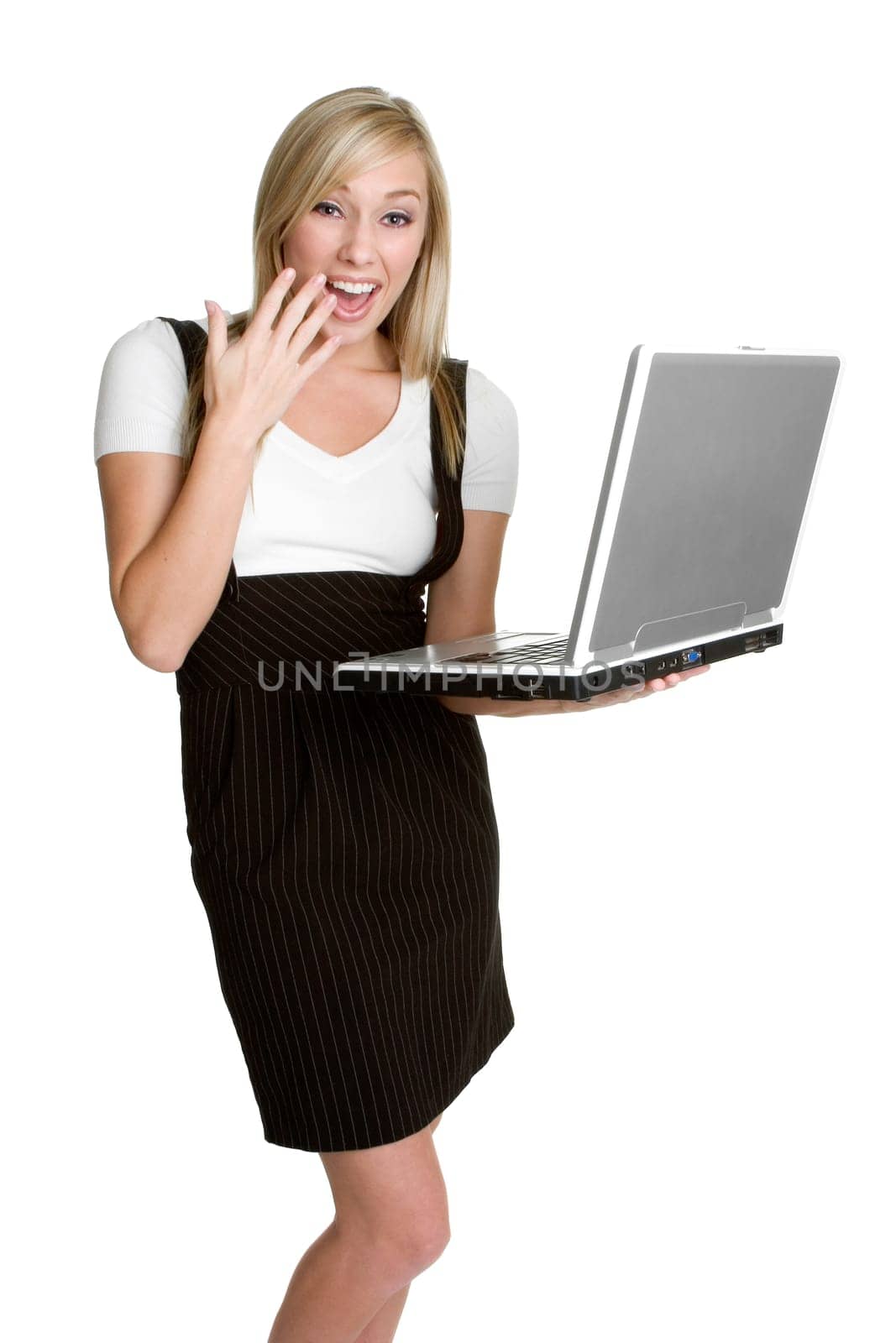 Isolated blond laughing laptop woman