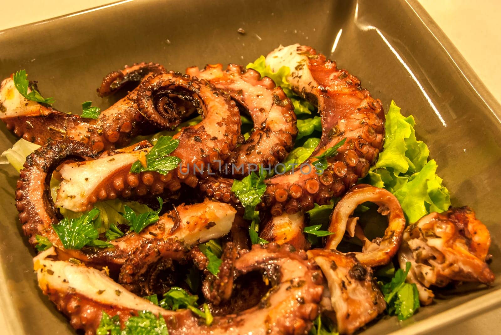 Fried octopus with olive oil and fresh salad