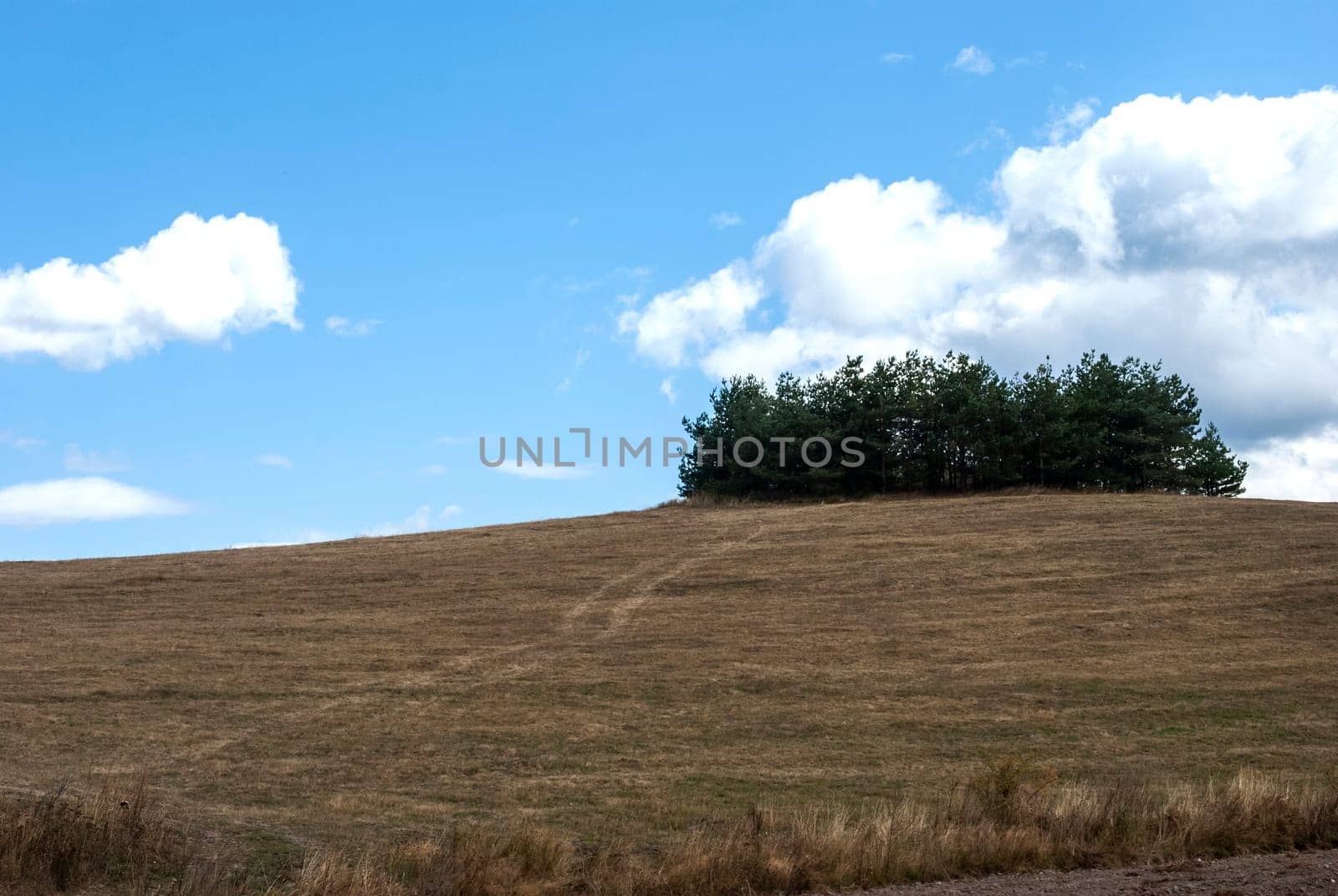Mountain hill landscape on clear autumn day with clouds
