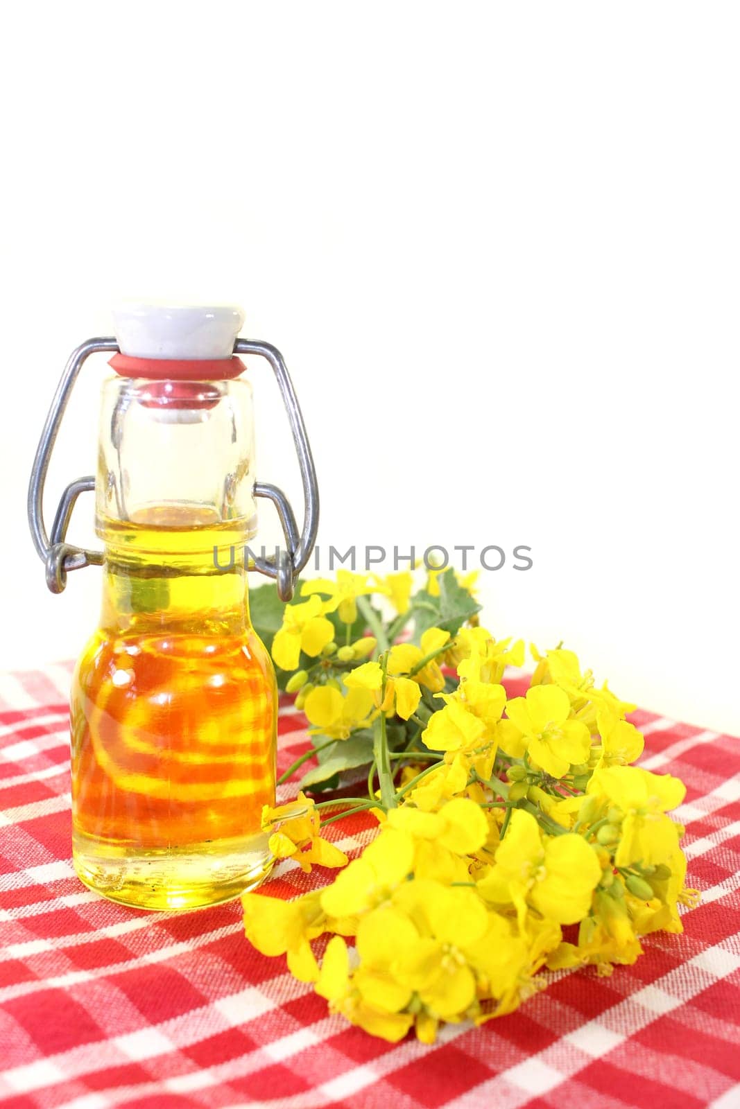 a bottle of rapeseed oil and rapeseed flowers against a white background