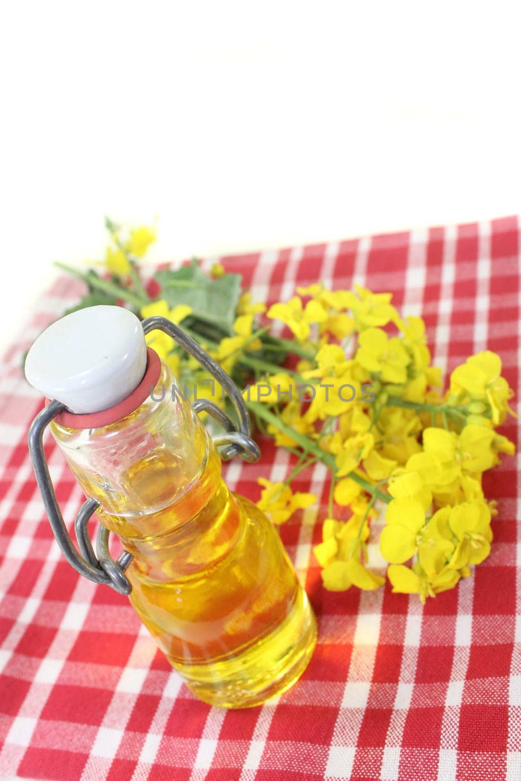 a bottle of rapeseed oil and rapeseed flowers against a white background