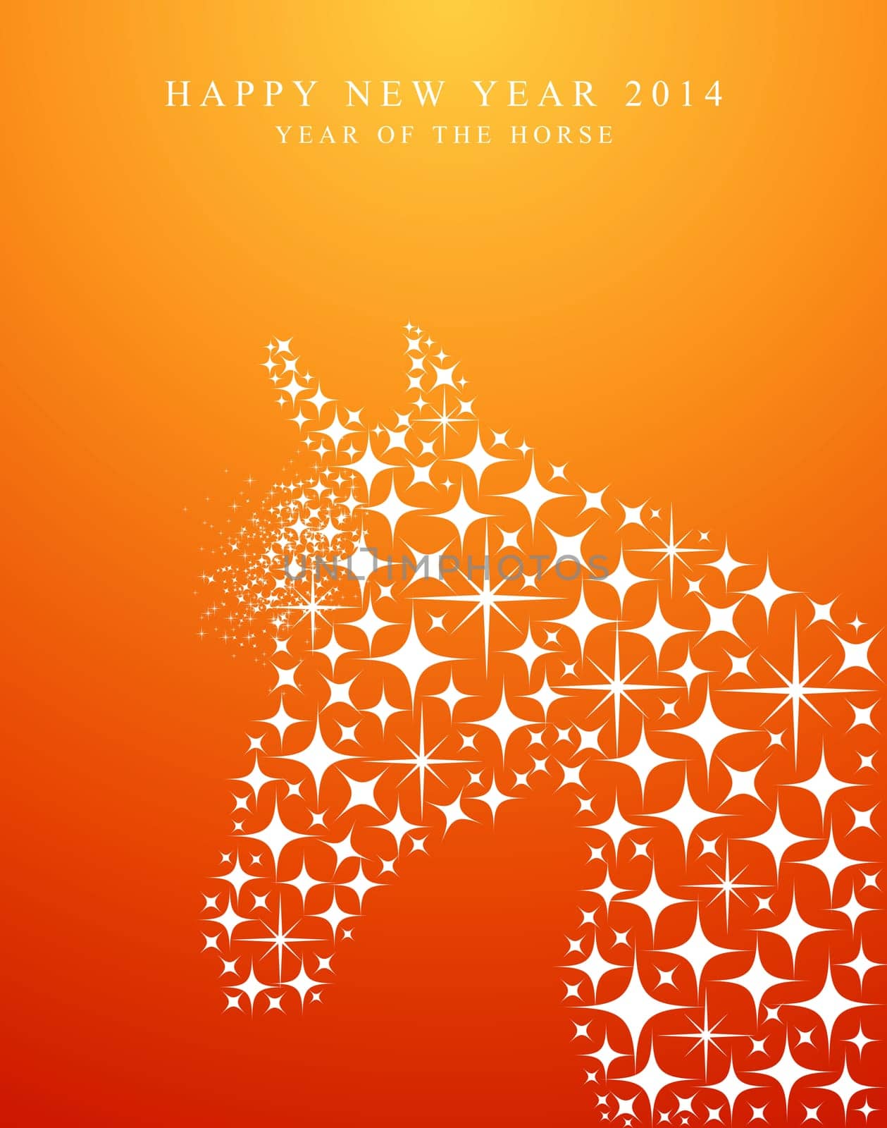 2014 Chinese New Year of the Horse illustration with stars shapes greeting card on orange background. EPS10 vector file organized in layers for easy editing.