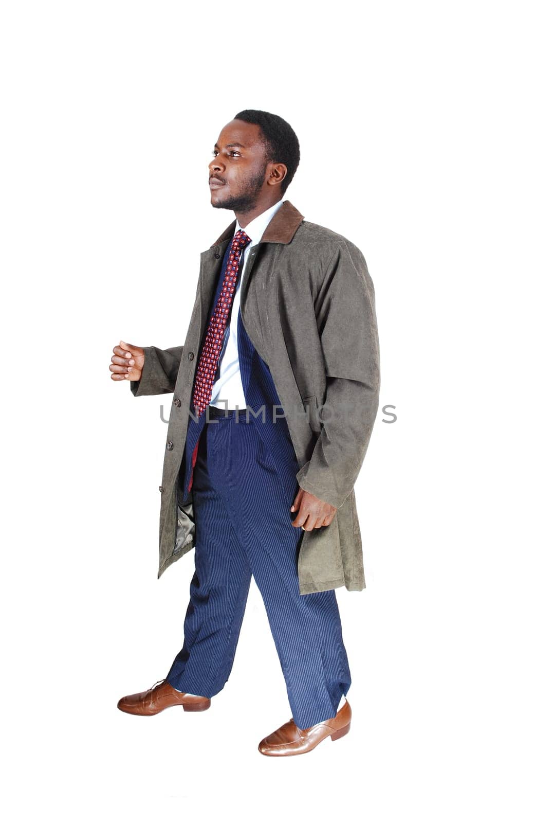 A young African American man in a blue suit and tie with a grey coat.walking isolated for white background..