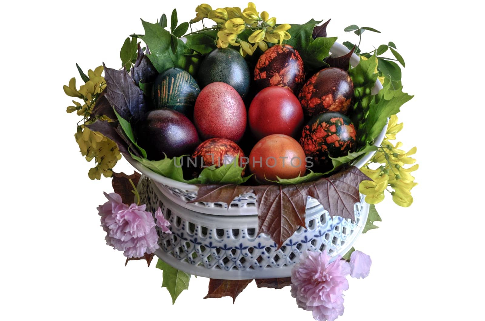 Very beautiful and colorful eggs inside the basket with mirror floor.