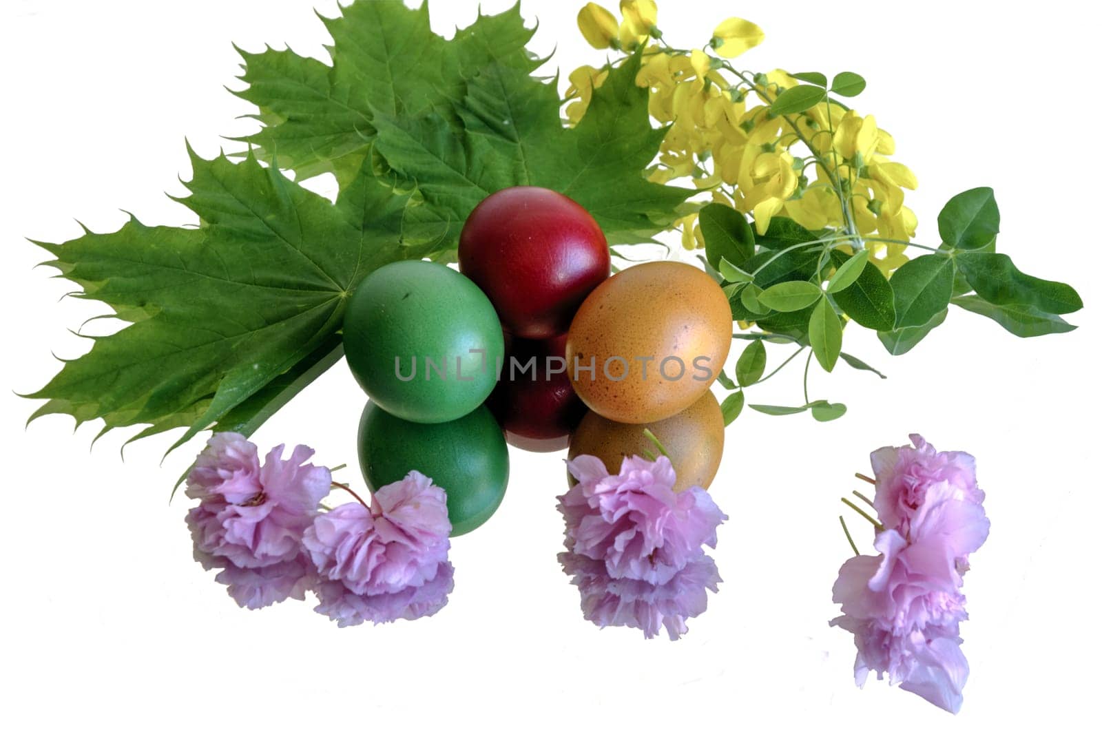 Three beautiful and colorful eggs on mirror floor and clean white background.