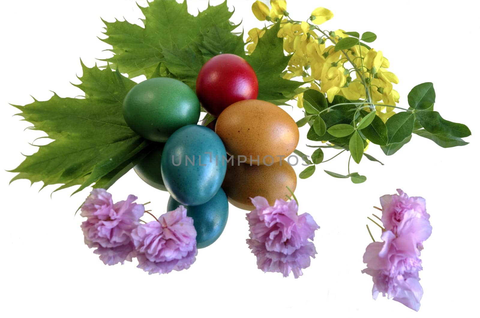 Four beautiful and colorful eggs on mirror floor and clean white background.