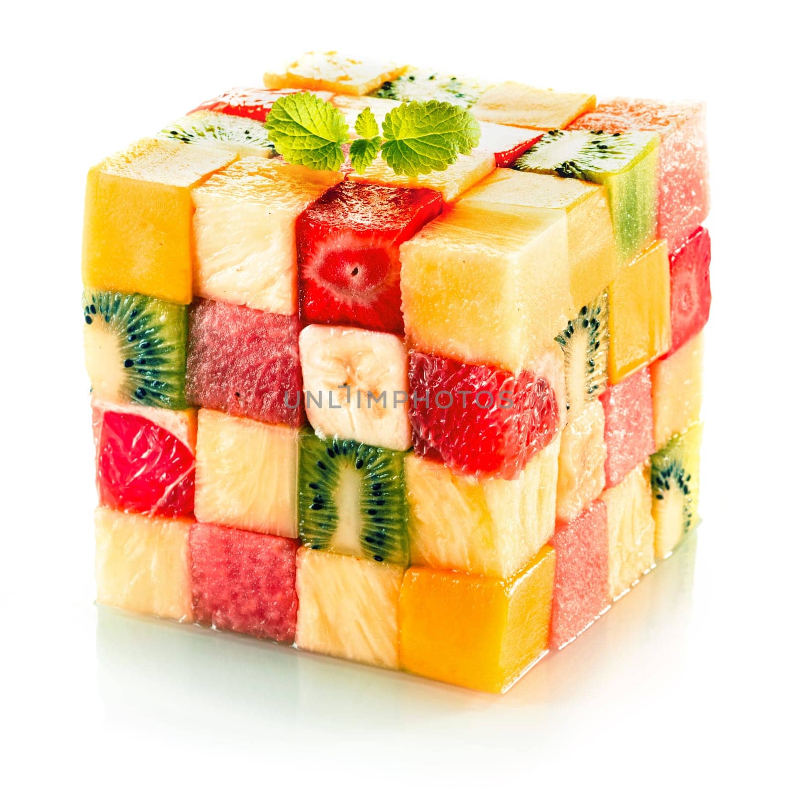 Fruit cube formed from small squares of assorted tropical fruit in a colorful arrangement including kiwifruit, strawberry, orange, banana and pineapple on a white background
