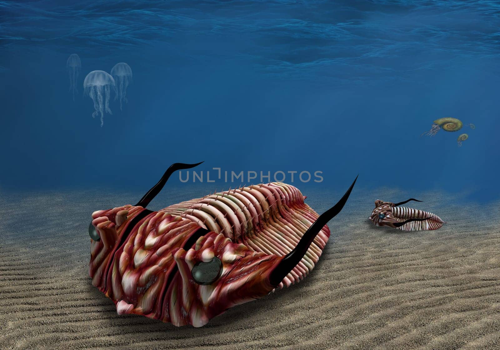 Prehistoric trilobite scavenging on the ocean floor
