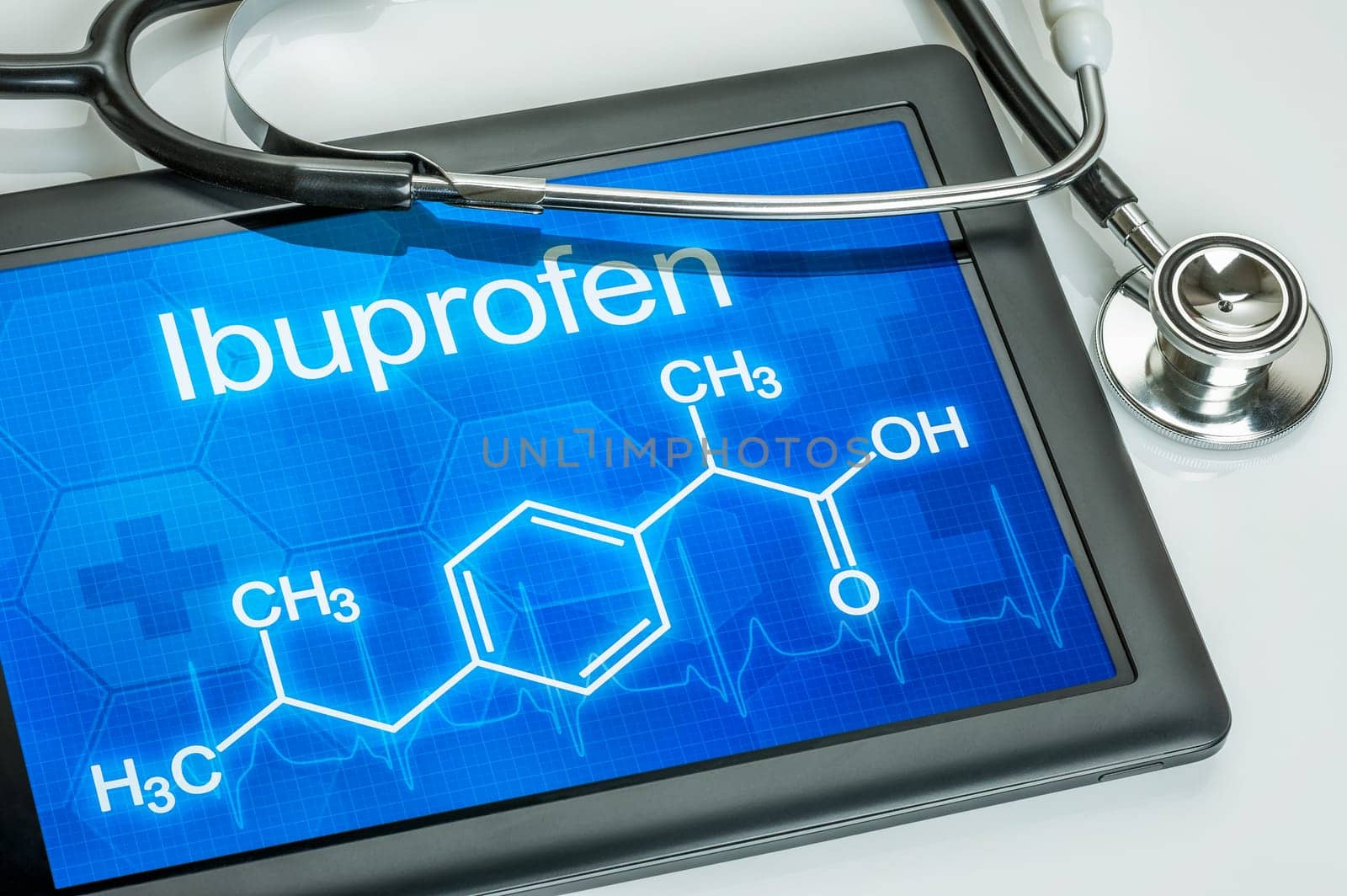 Tablet with the chemical structural formula of ibuprofen