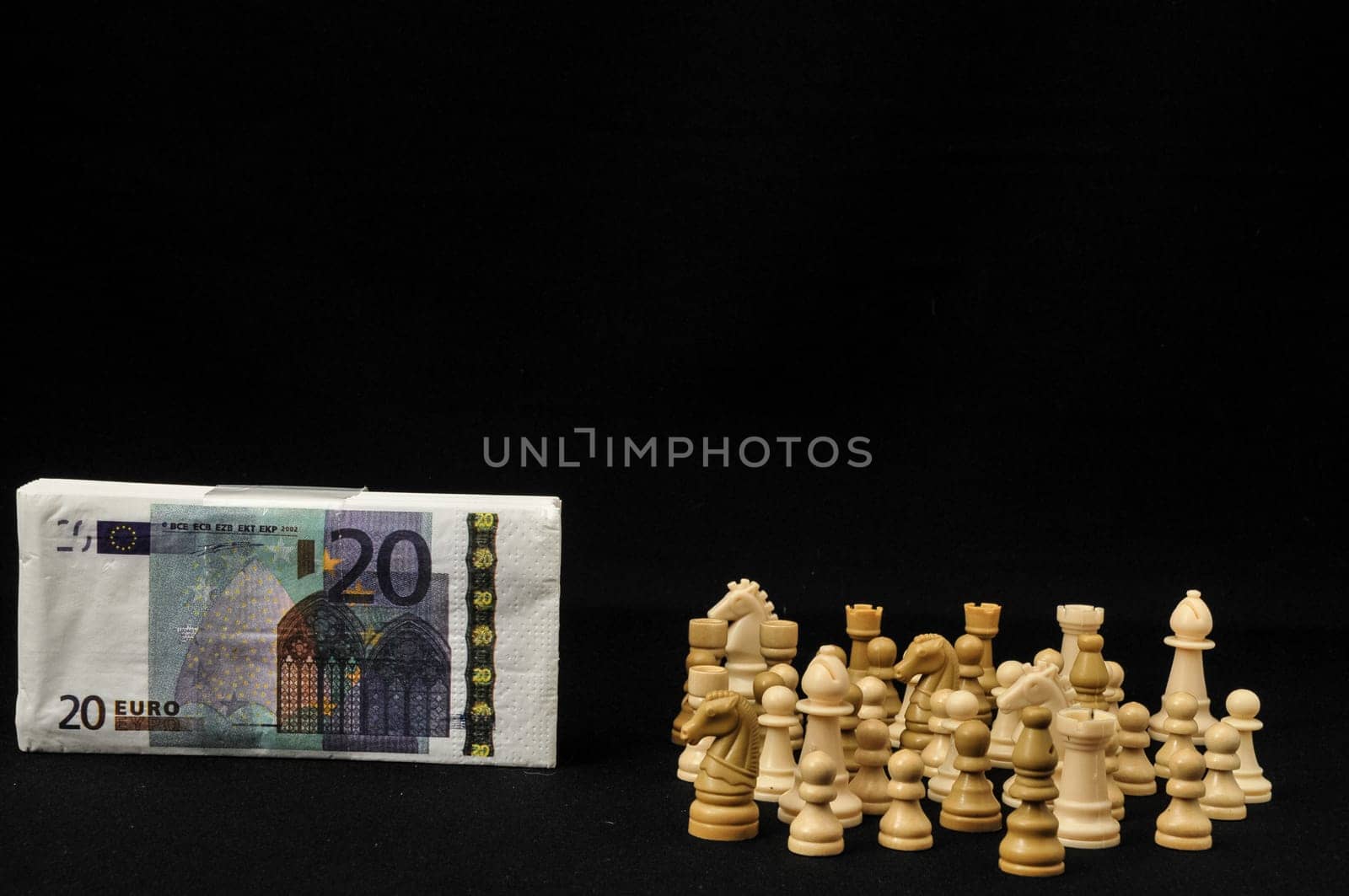 Money Strategy Concept White Chess and Currency on a Black Background