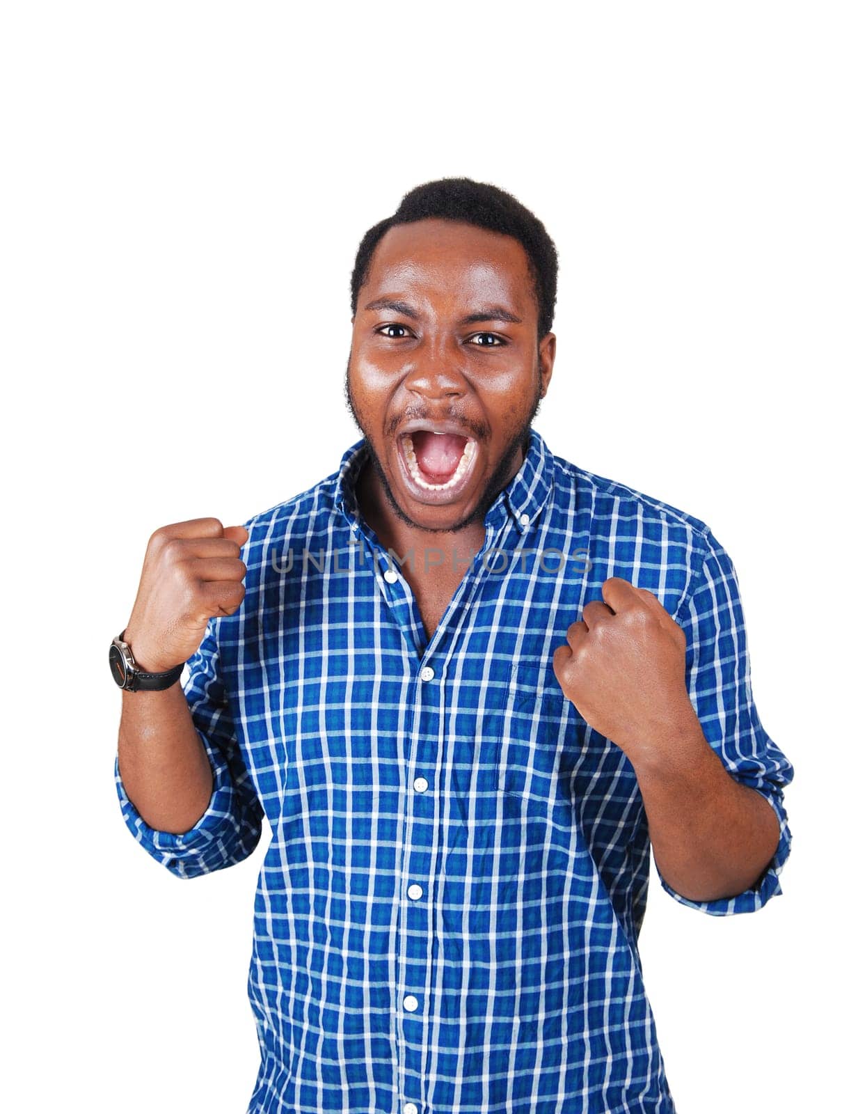 A very happy African American young man raising his hands, isolated for .white background, screaming his lungs of..