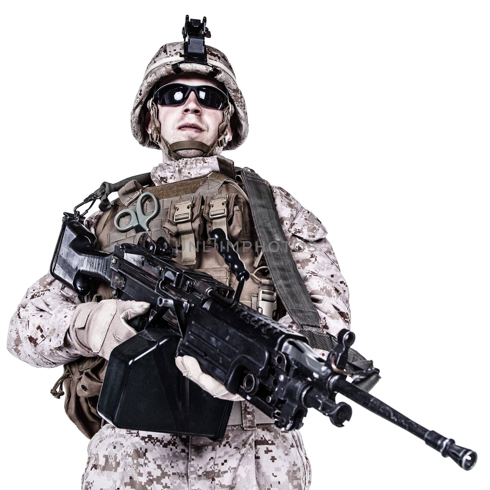 US marine with his assault rifle on white background