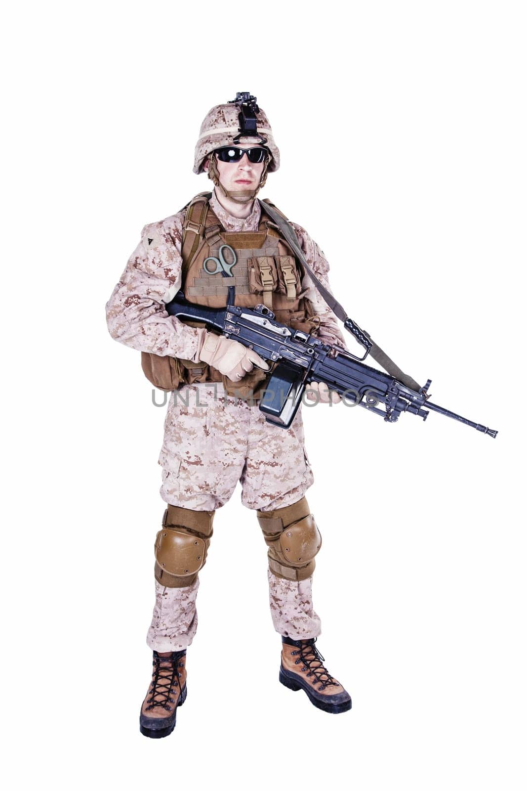 US marine with his assault rifle on white background