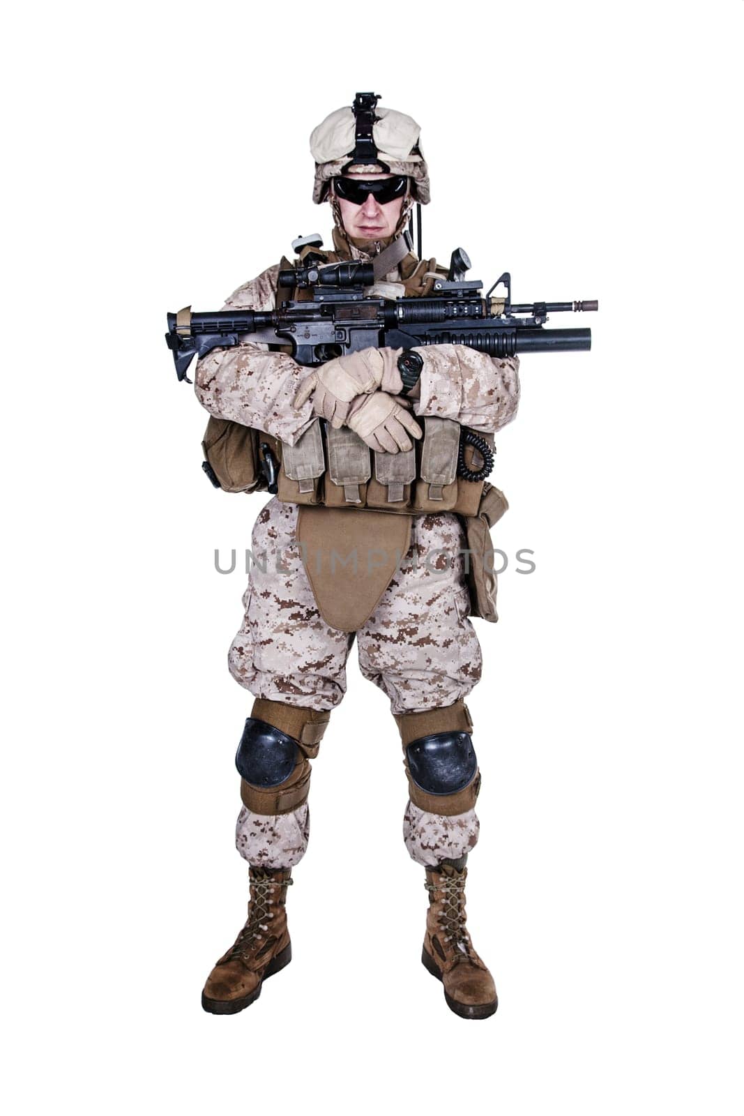 US marine with his assault rifle on white background