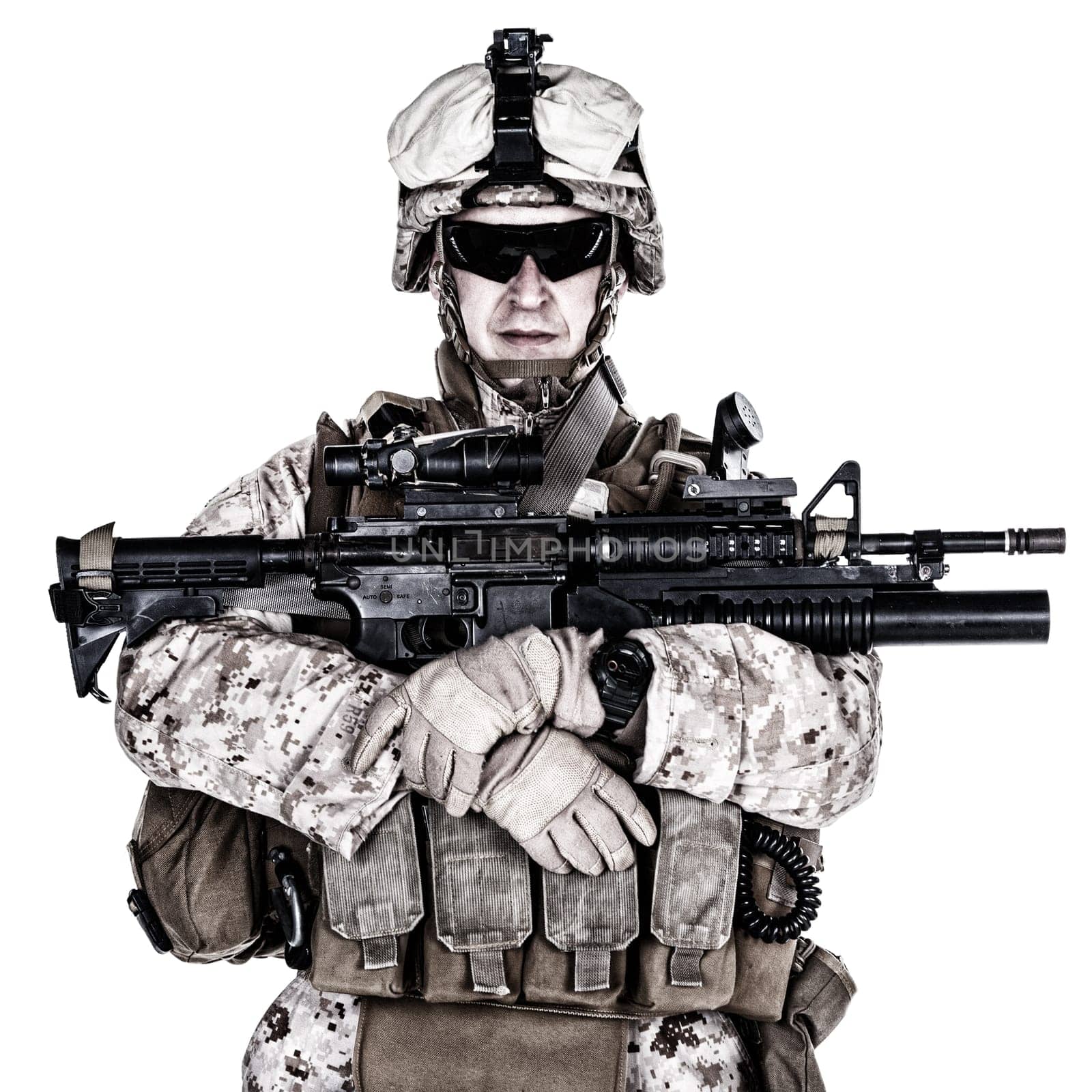 US marine with his assault rifle on white background