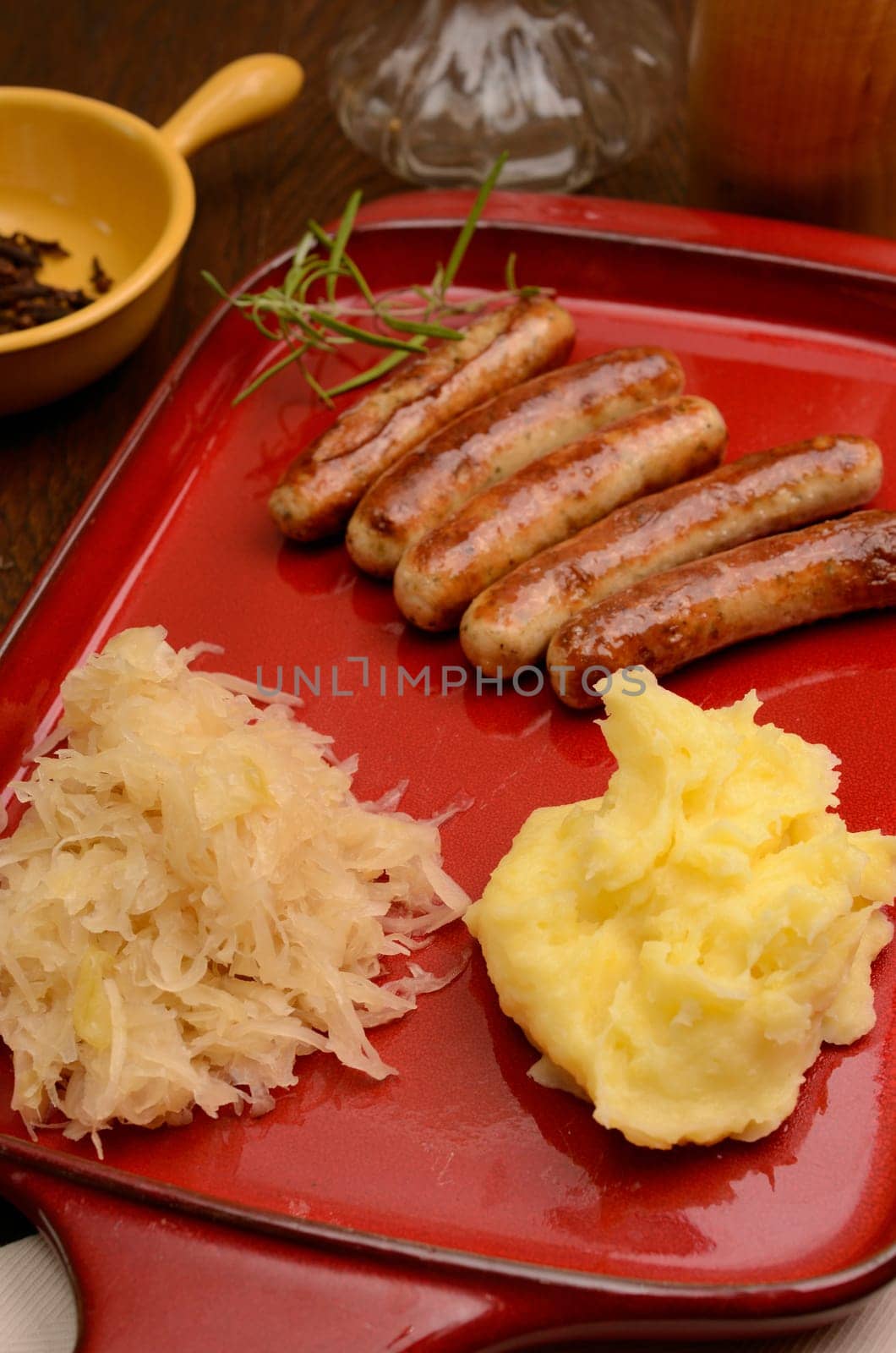 Sauerkraut with sausages and mashed potatoes