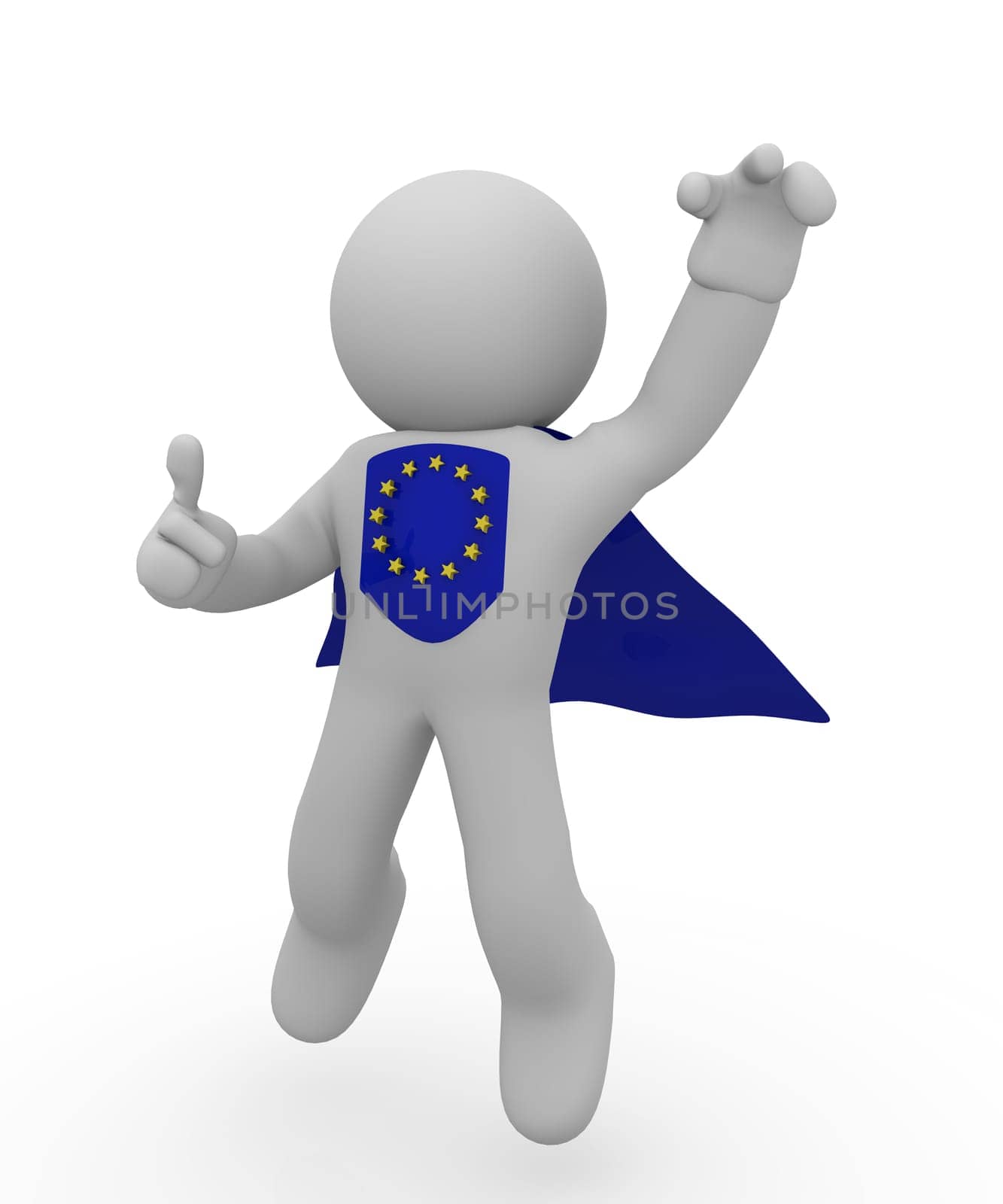 Super European hero flying high with thumb up