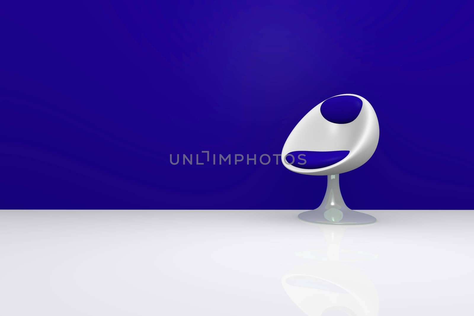 Stylish chair on a blue wall with space for text