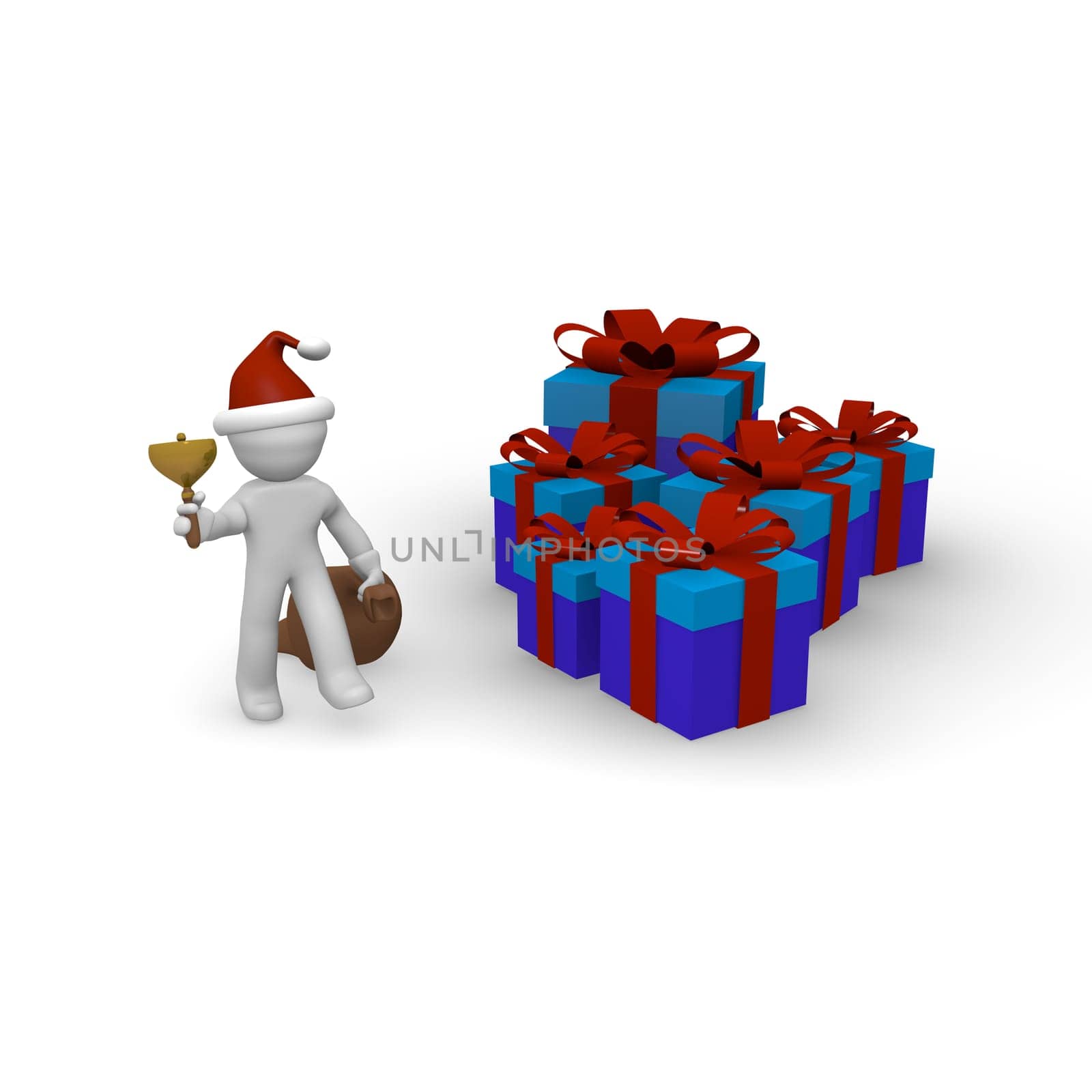 Santa Claus with blue Christmas presents on a white background