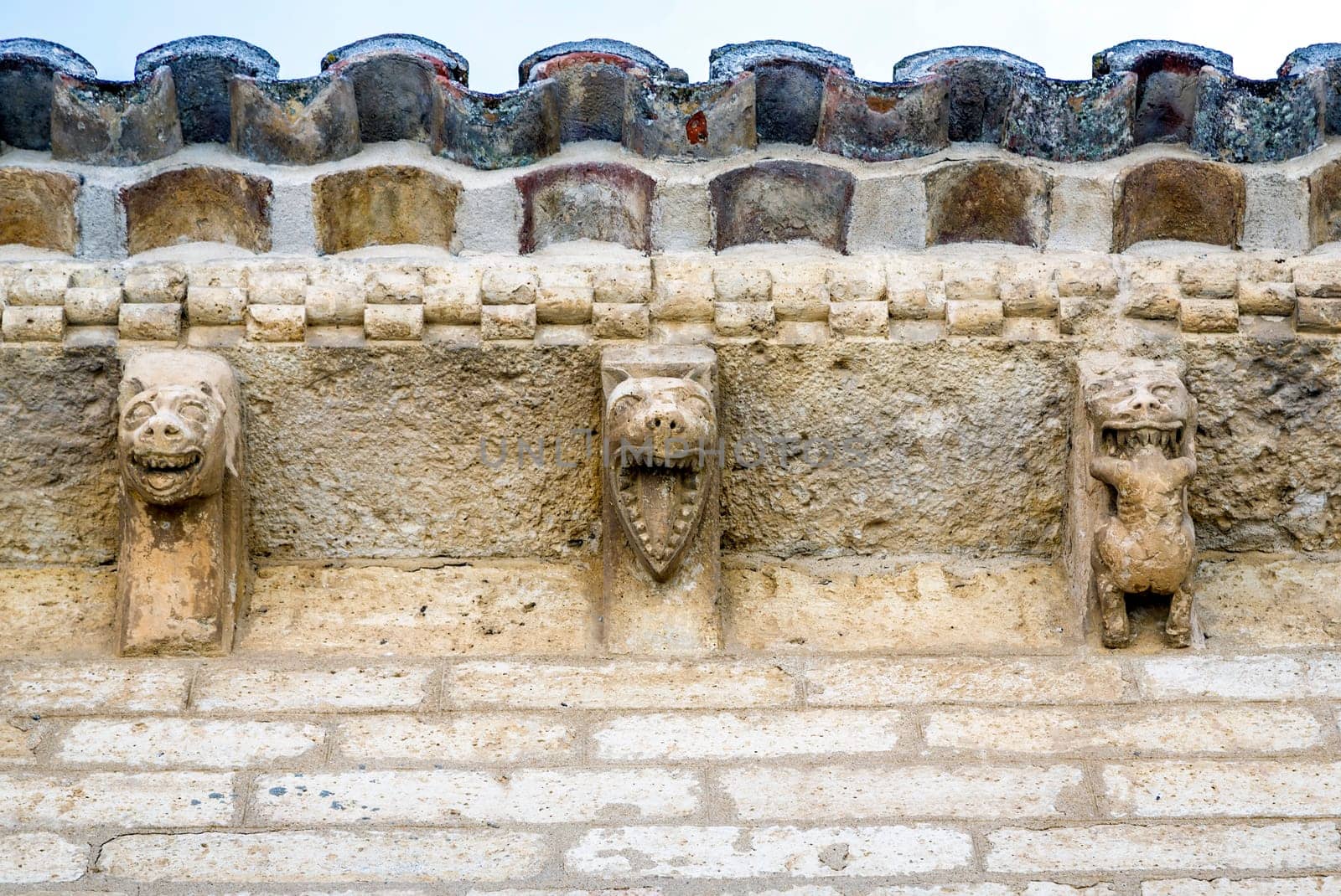 Detail eave corbels St. Martin Church, in Romanesque style in Fromista, Palencia, Castilla y Leon, Spain