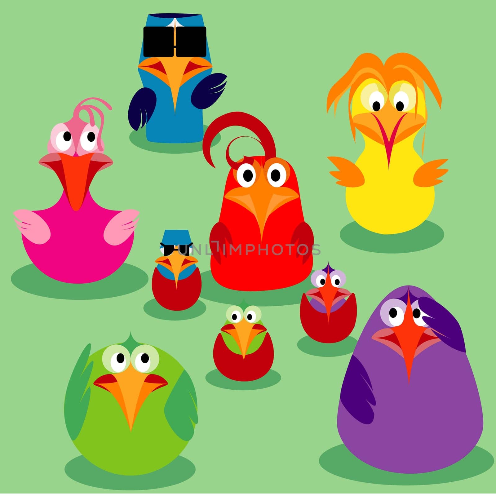 Cute cartoon birds, family issues. Vector illustration.