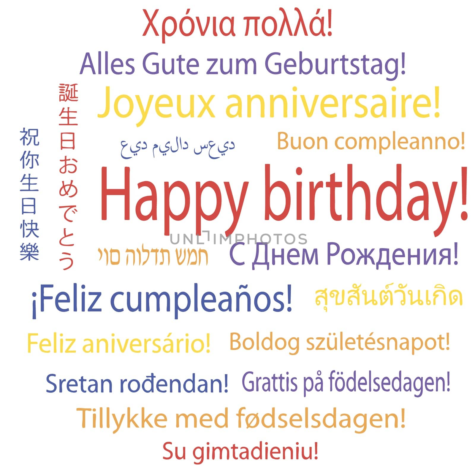 Happy birthday in many languages, vector illustration