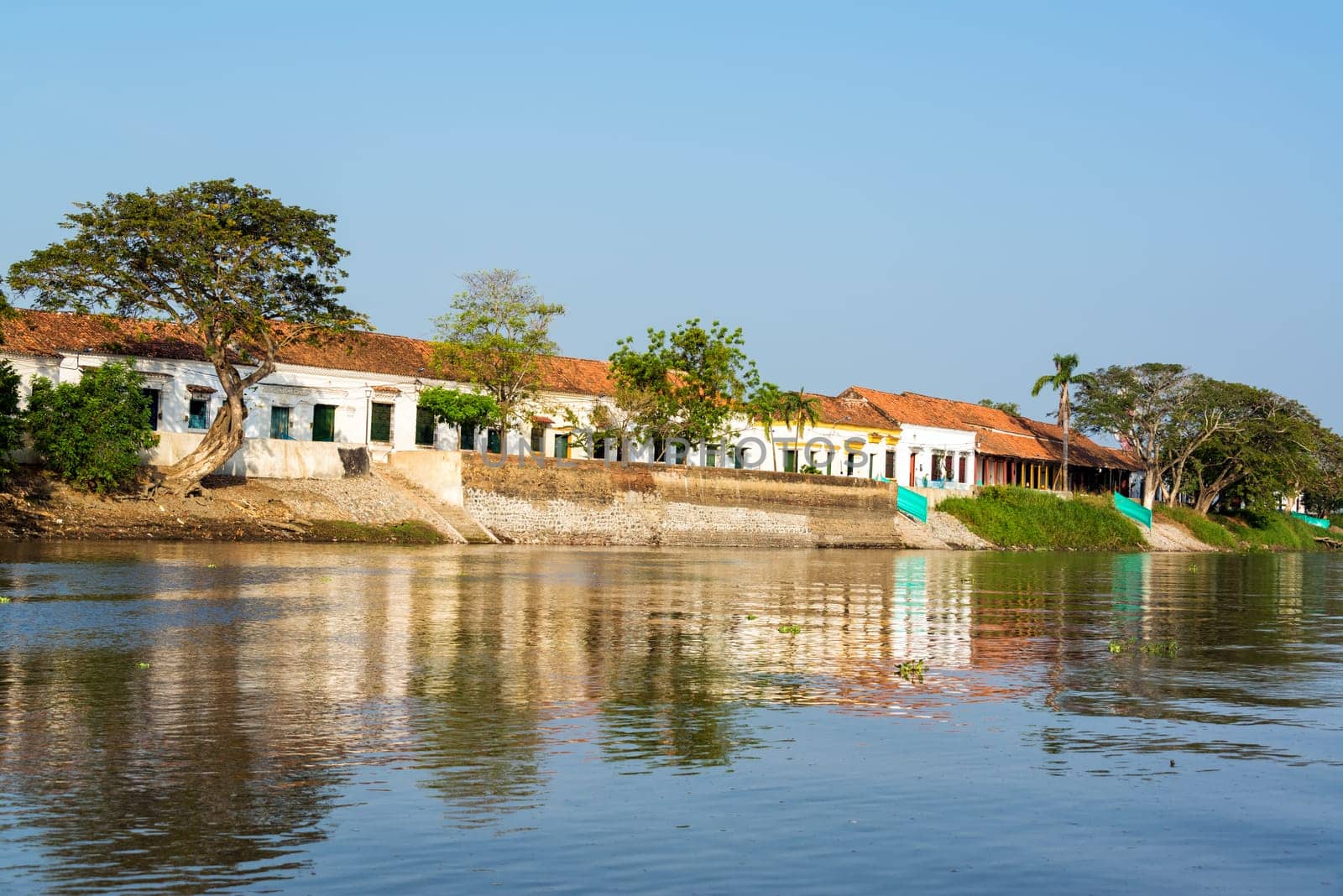 Historic colonial city of Mompox, Colombia reflected in the Magdalena River