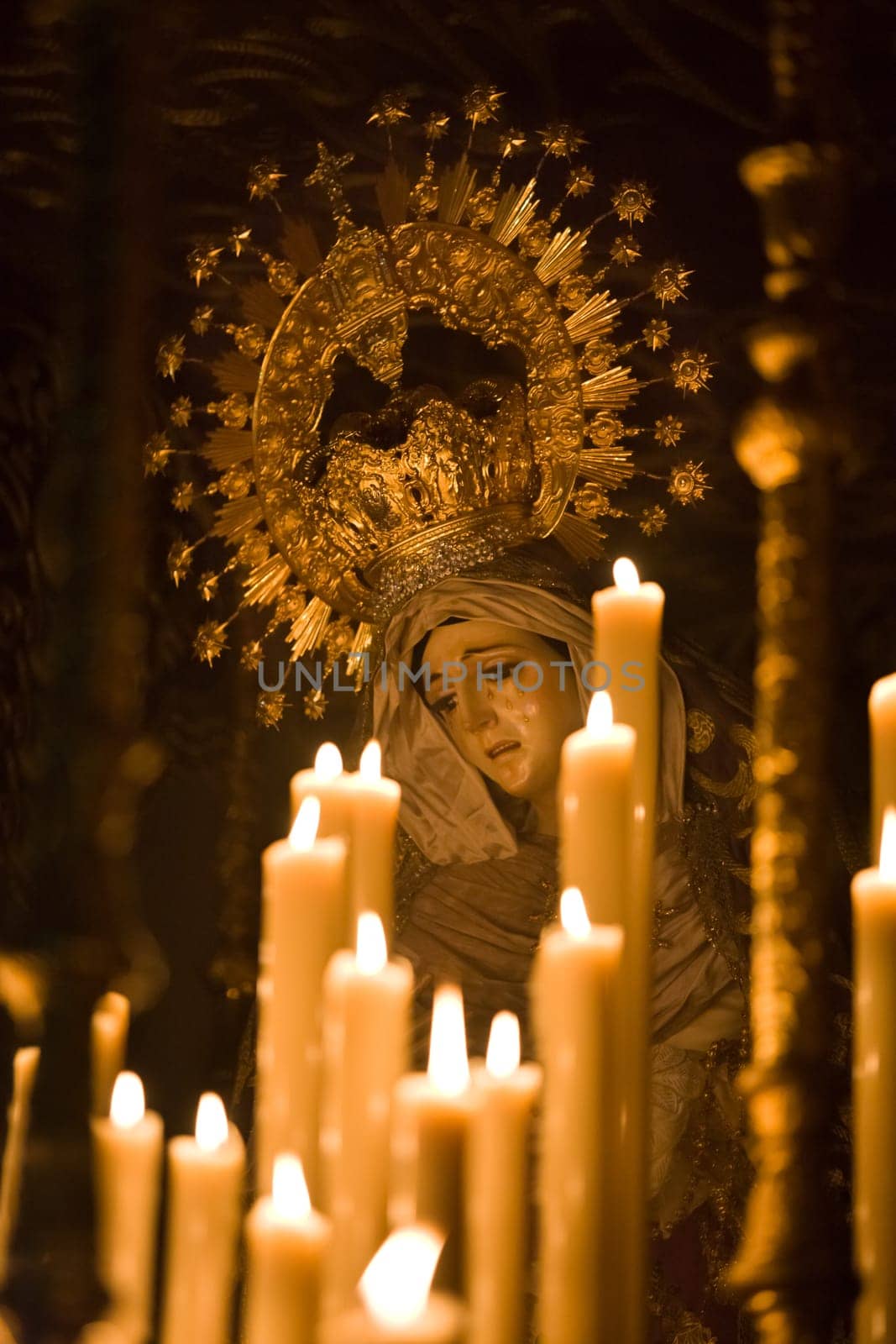 Statue of Madonna, the Virgin Mary in the Easter of Cordoba, Spain. These Pasos are carried in procession by Costaleros during the Easter Holy Week Festival