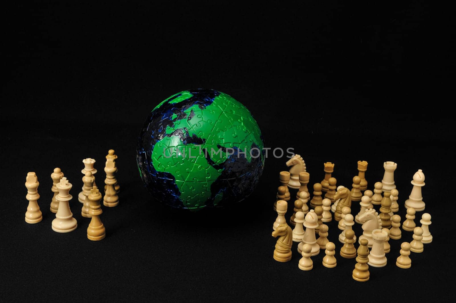 Globe And White Chess on a Black Background