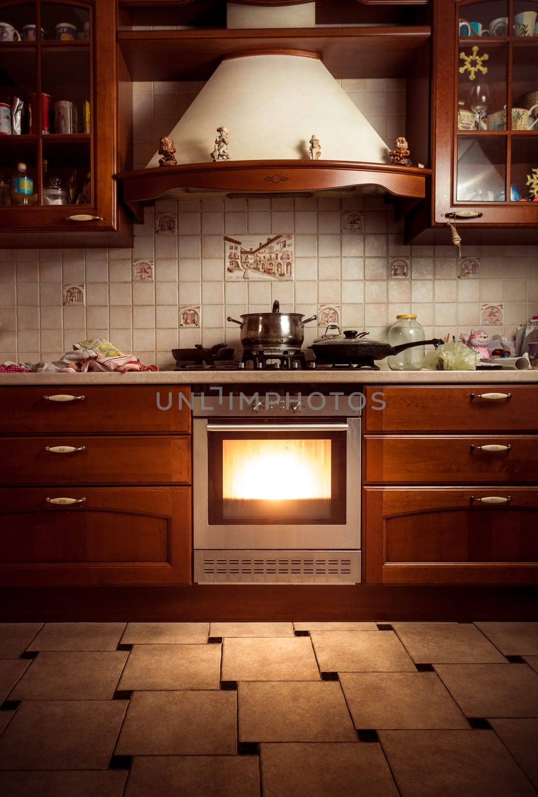 Interior photo of country style kitchen with hot oven