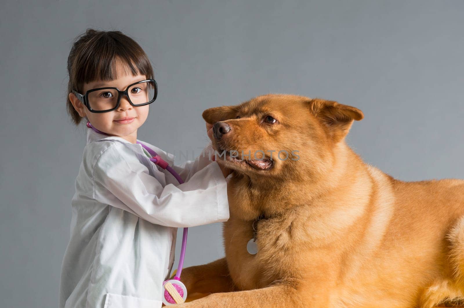 Child playing veterinarian with dog
