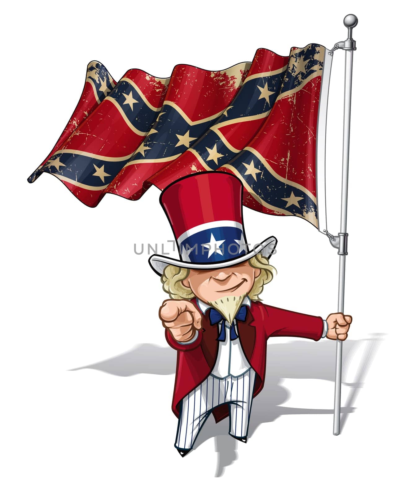 Vector Cartoon Illustration of South Uncle Sam holding a waving a American civil war South Flag (Stars and Bars), pointing "I want you"". Flag's texture and sepia color can be removed by turning the respective layers off."