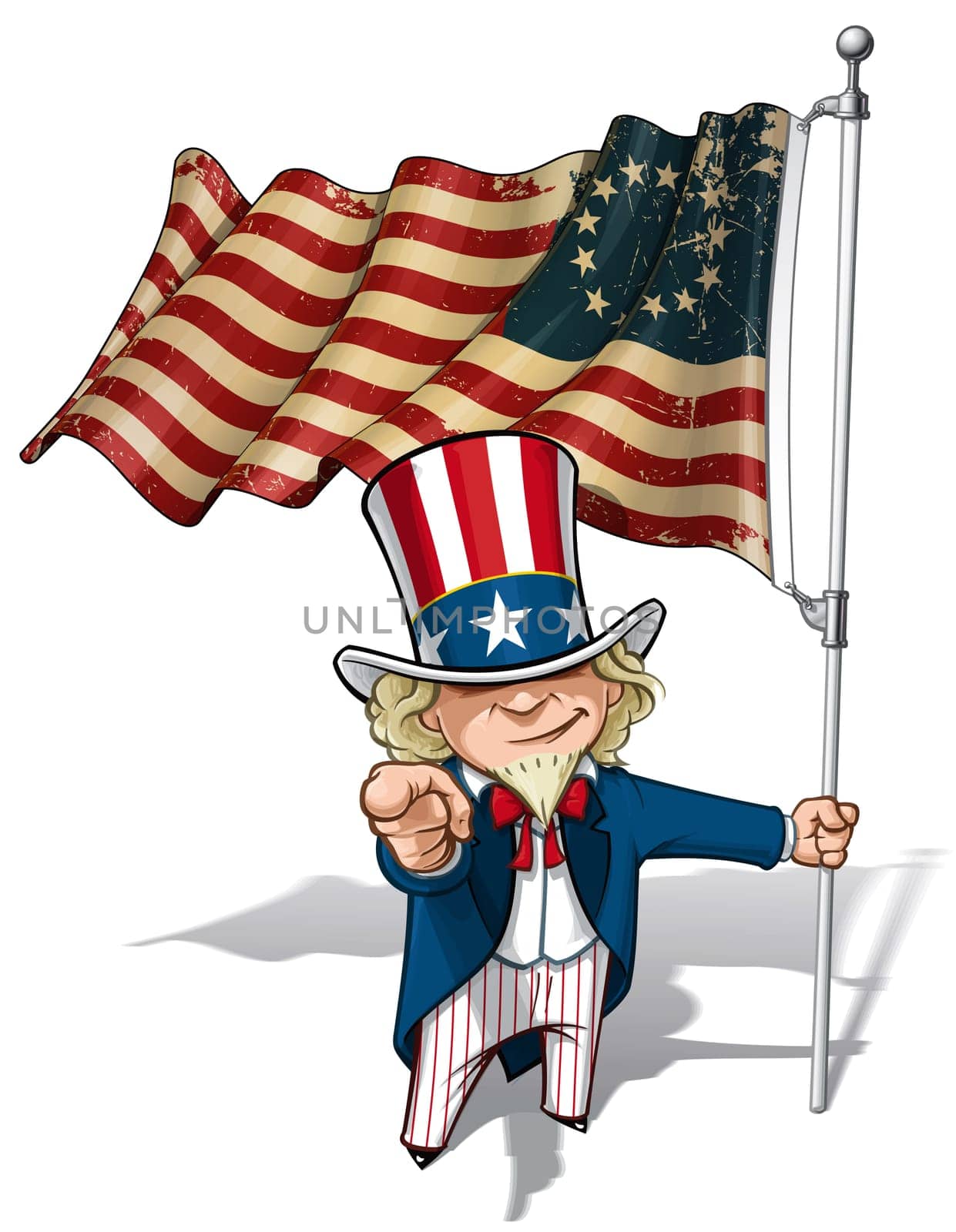Vector Cartoon Illustration of Uncle Sam holding a Betsy Ross American flag, pointing "I want you"". Flag's texture and sepia color can be removed by turning the respective layers off."