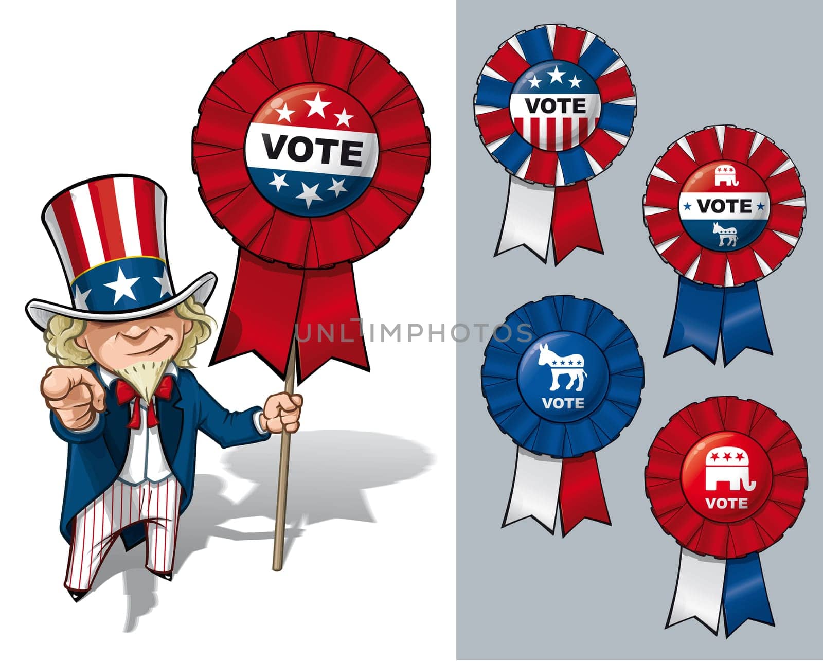 Vector Cartoon Illustration of Uncle Sam holding a Vote ribbon - banner - badge and pointing "I want you"" like the classic WWI poster. All options are in-place neatly in well described groups and layers"