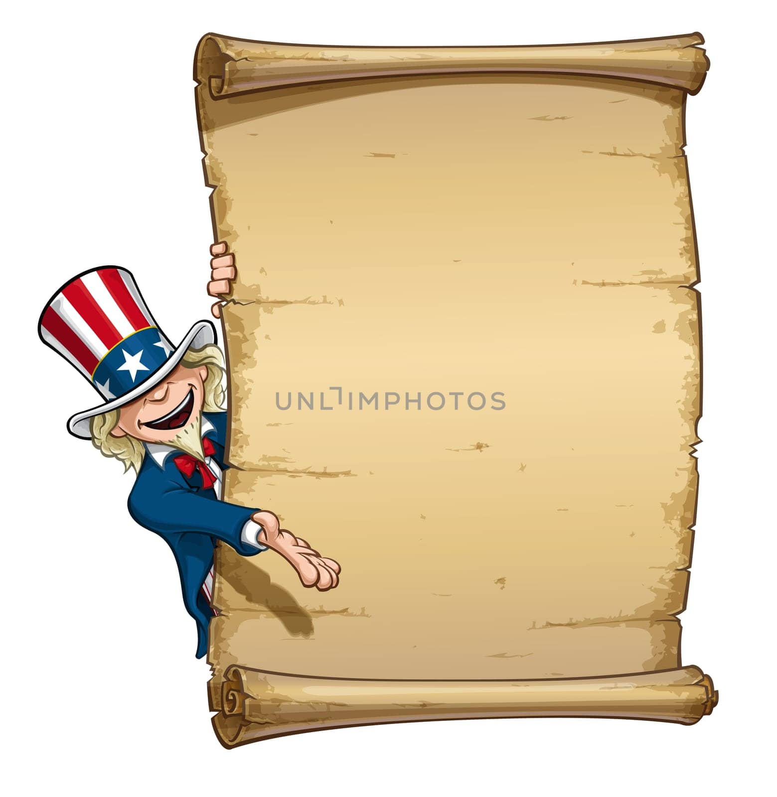 Vector Cartoon Illustration of Uncle Sam presenting a declaration-like papyrus.