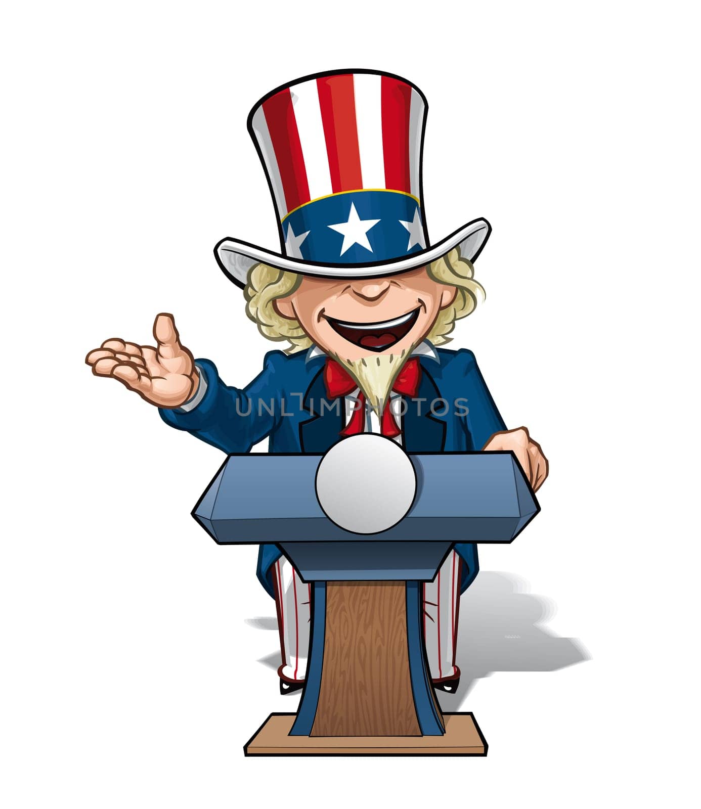 Vector Cartoon Illustration of Uncle Sam on the podium, giving a speech with an open expression.