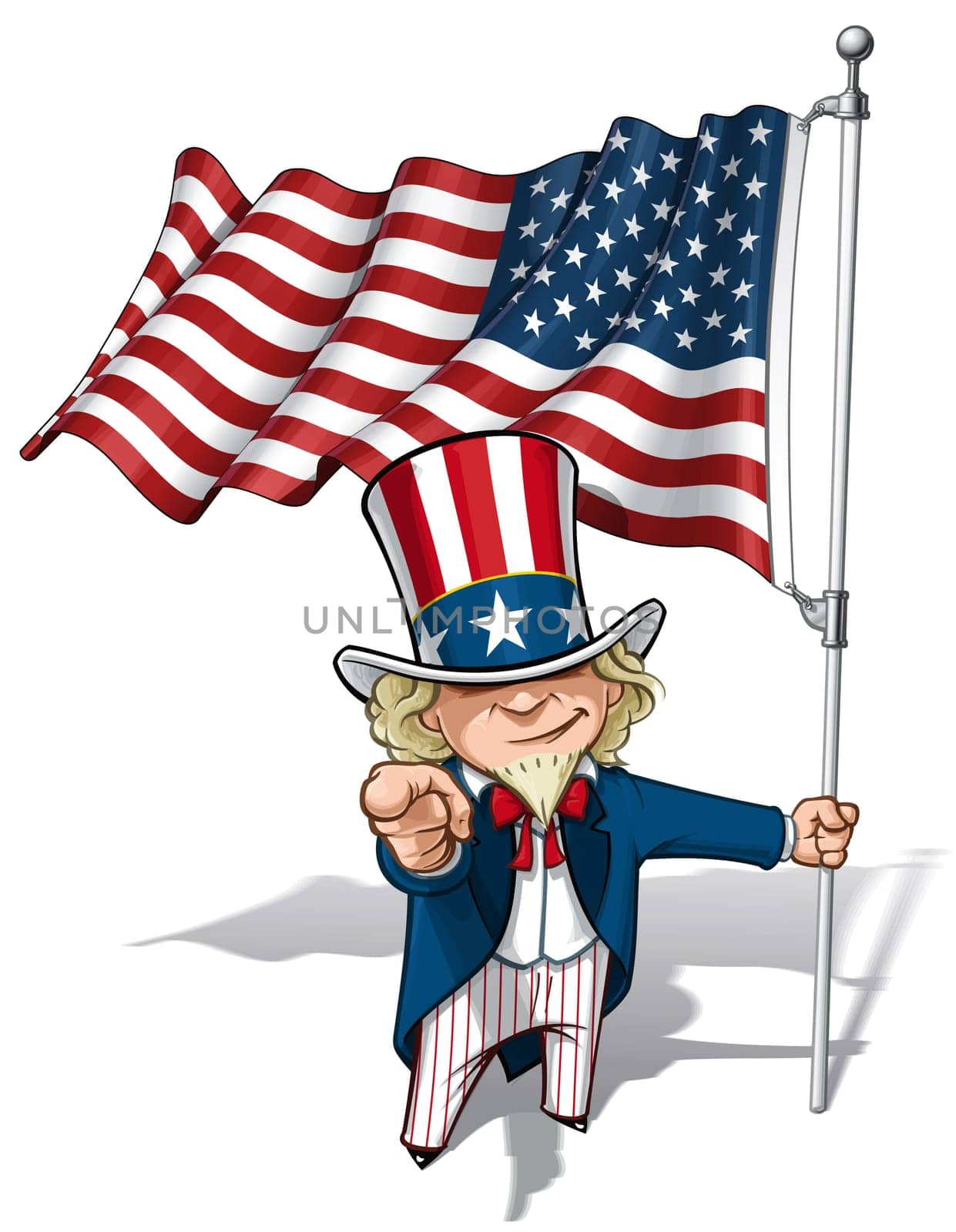 Vector Cartoon Illustration of Uncle Sam holding a waving American flagand pointing "I want you"" like the classic WWI poster."