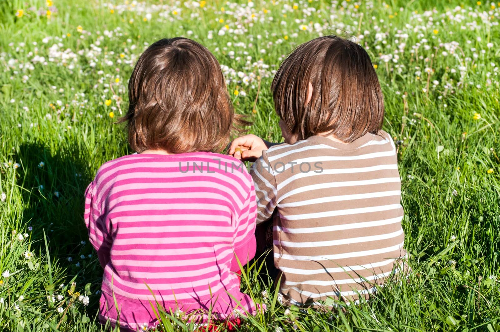 Two children sitting back together on rural meadow