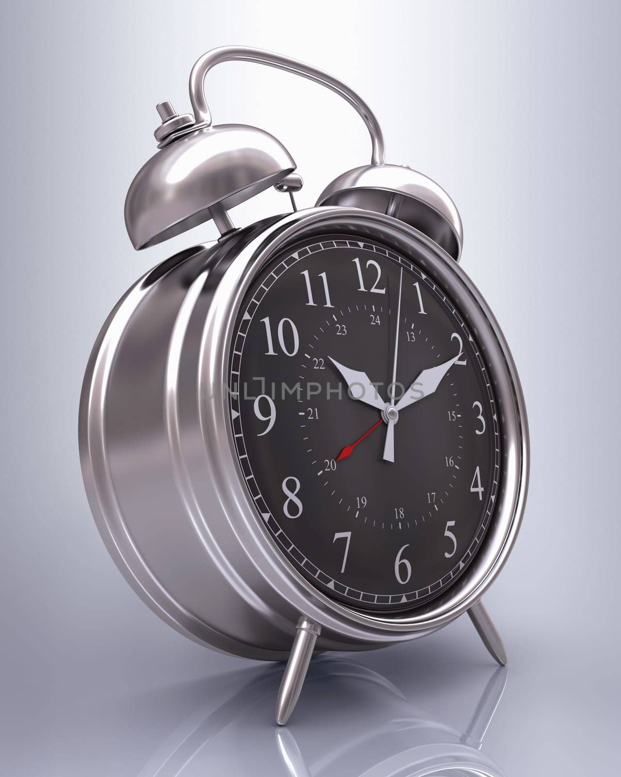 Old alarm clock on reflective background.