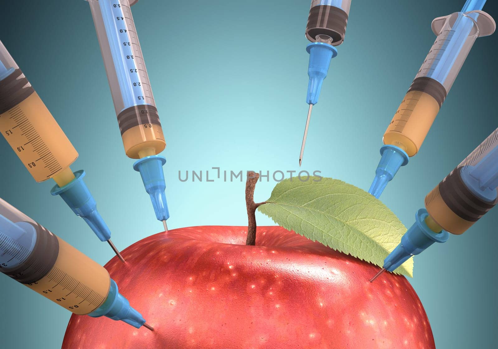 Several syringe taking the juice from apple. Clipping path included.