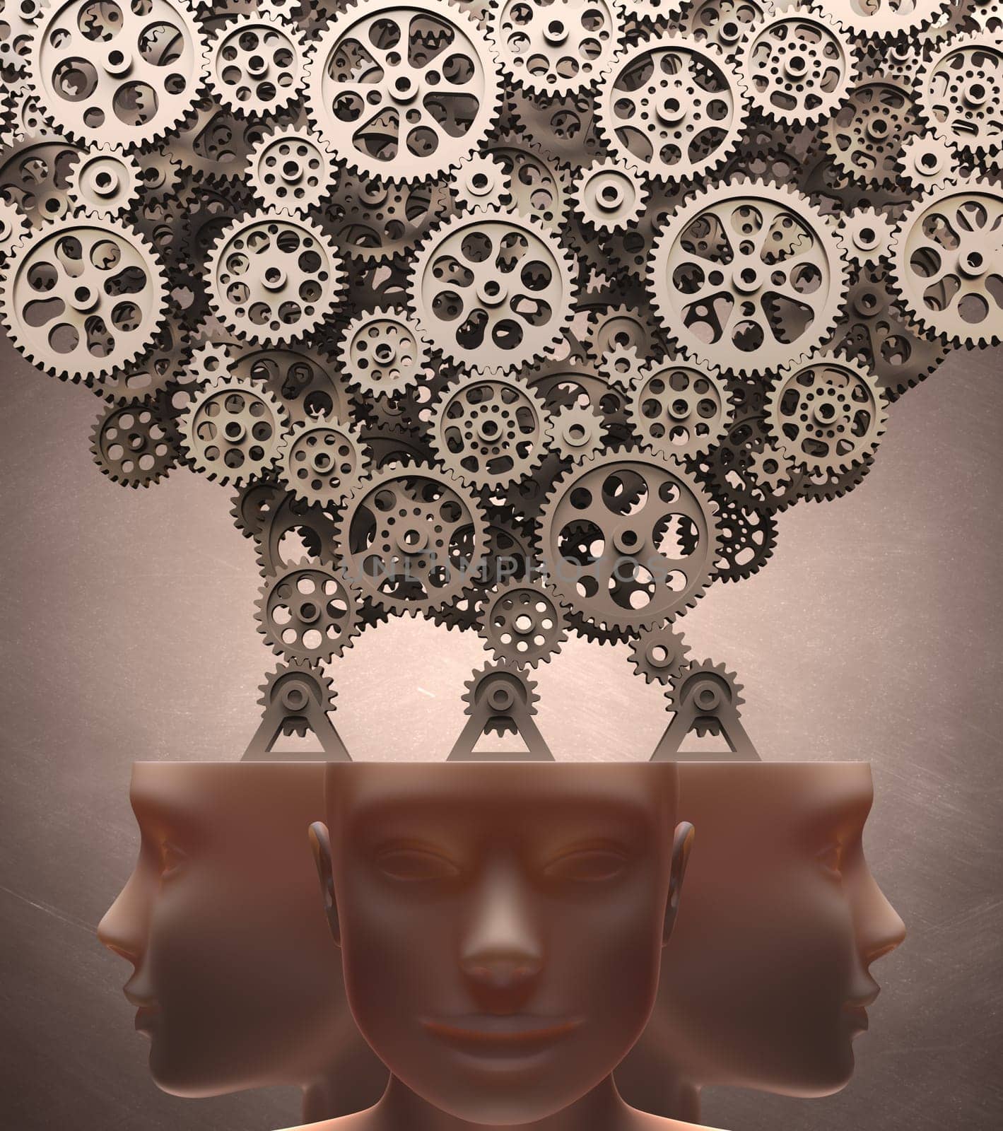 Several gears machine coming out of the head. Clipping path included.
