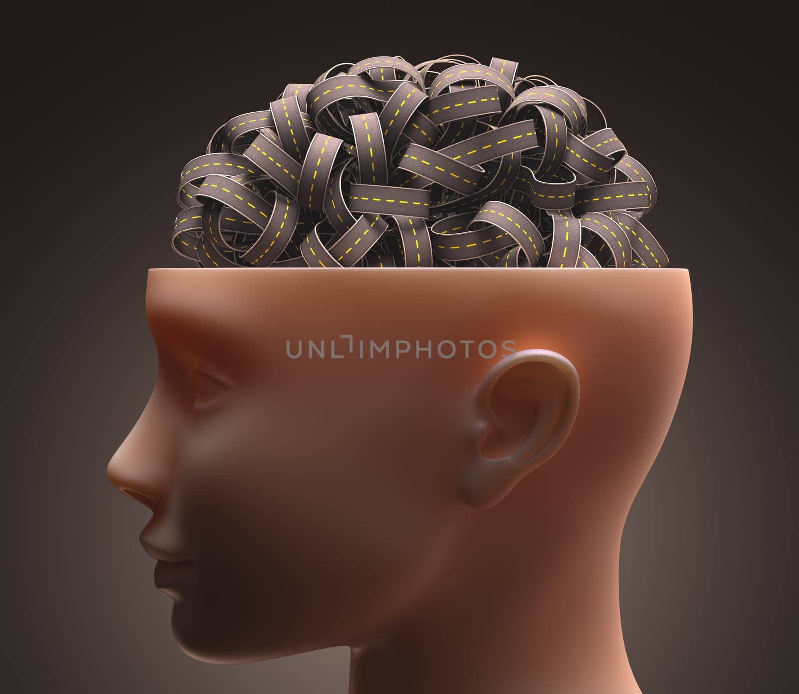 Several highways intertwined forming a human brain. Concept of confused mind. Concept of the complexity of the human brain. Clipping path included.