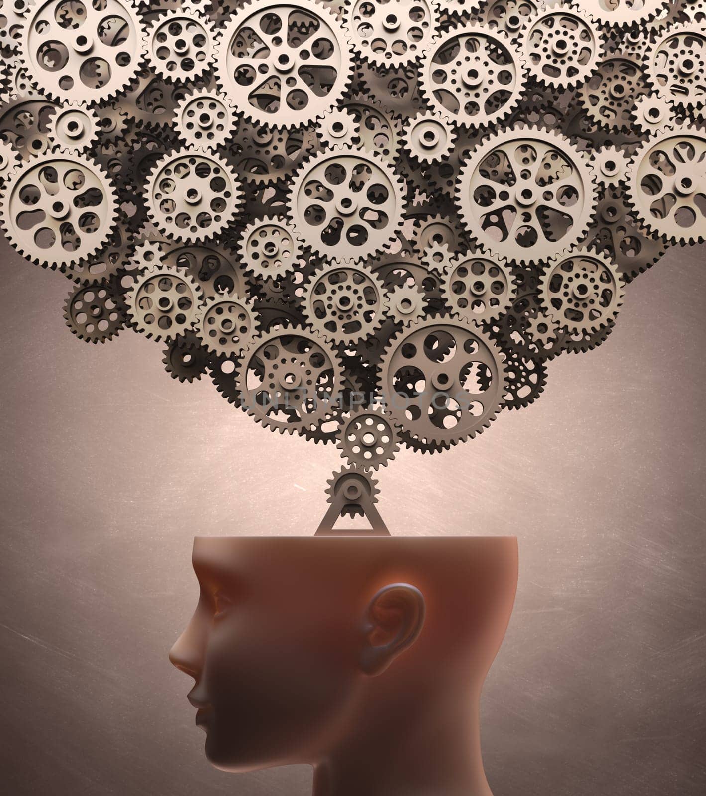 Several gears machine coming out of the head. Clipping path included.