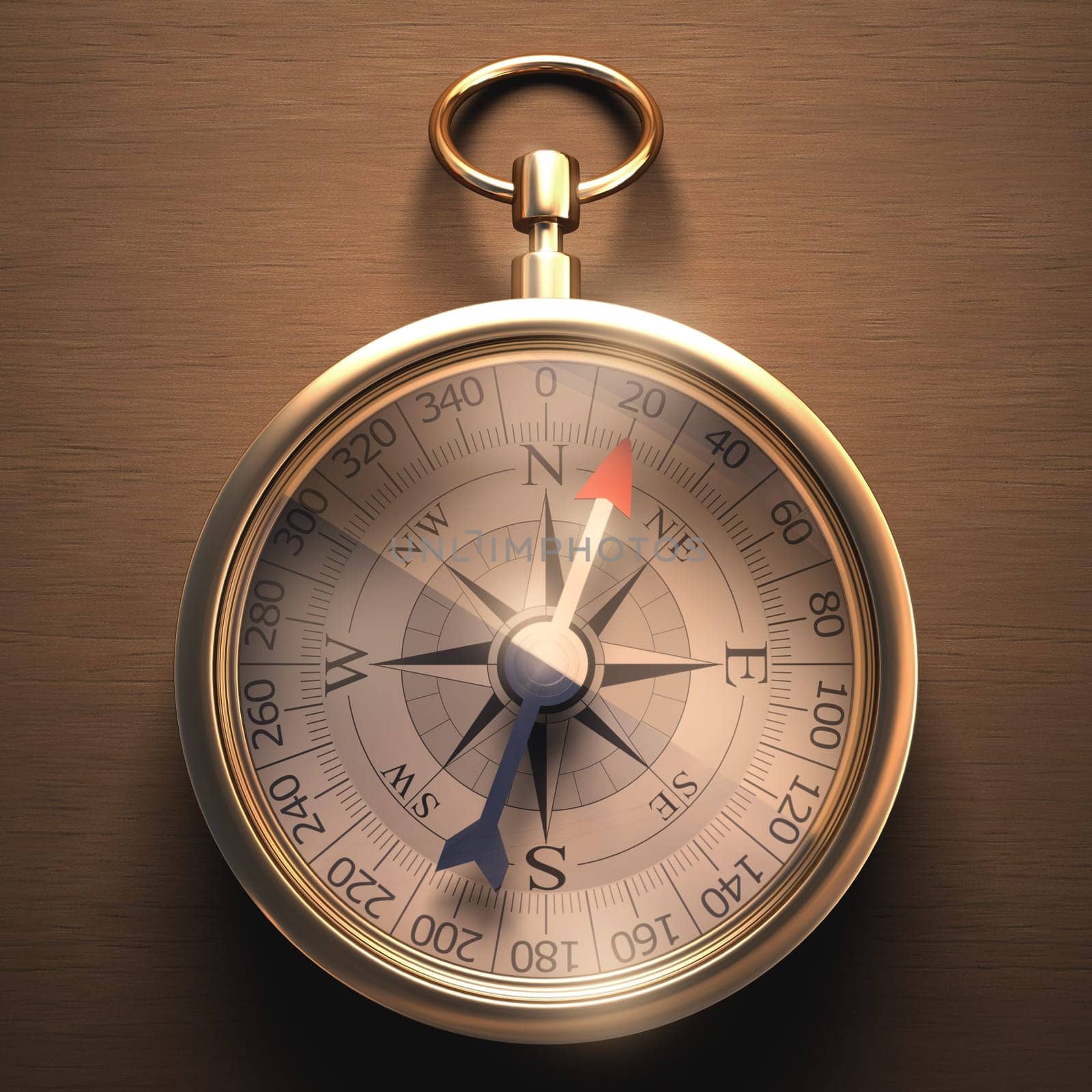 Compass on a wooden table with clipping path included.