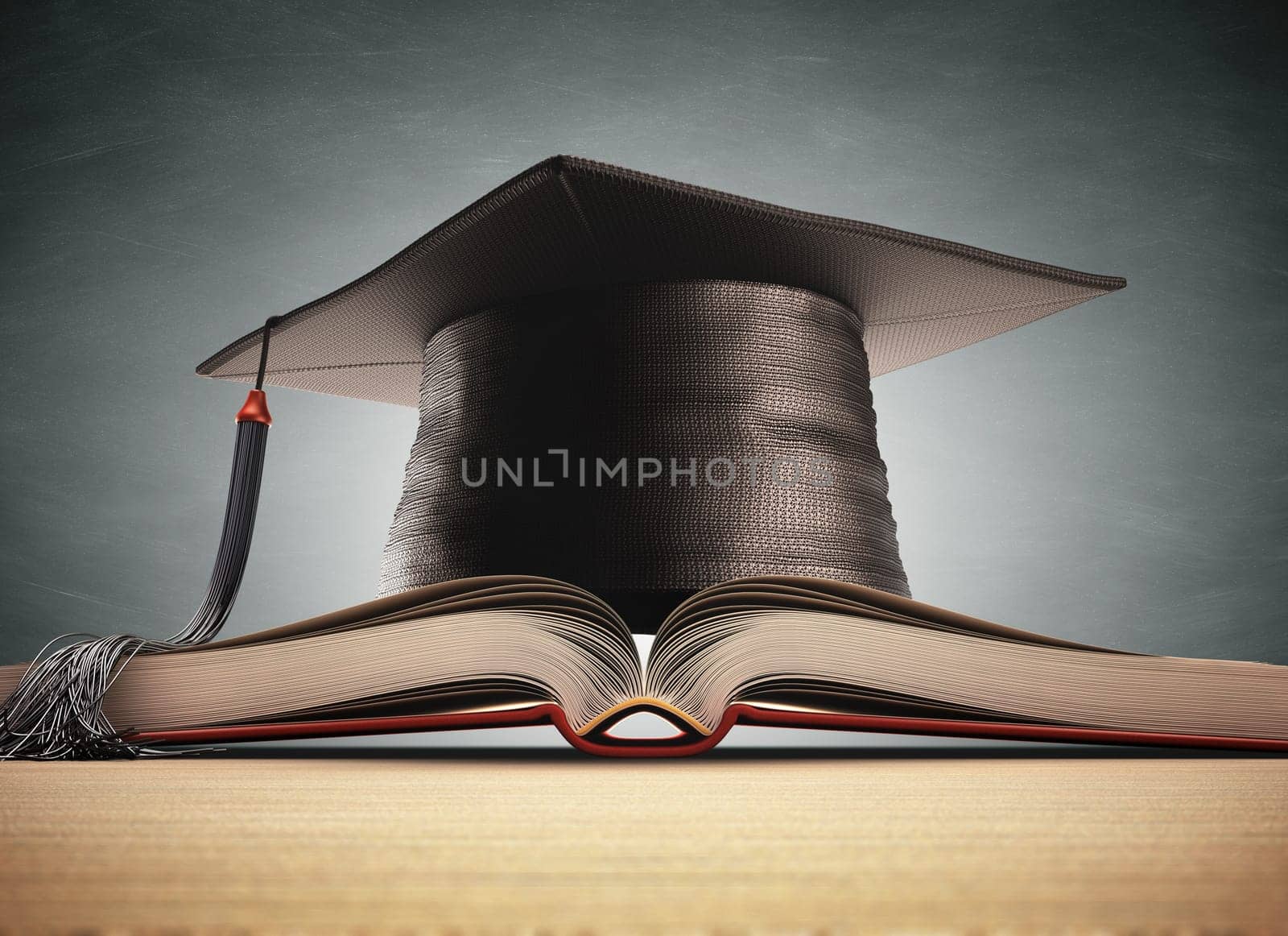 Graduation cap over the book with blackboard on background. Clipping path included.