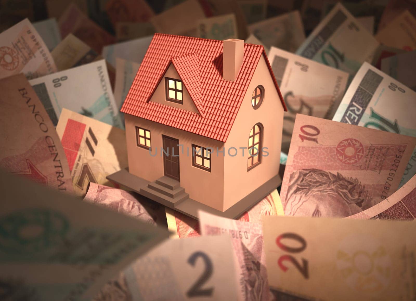 Small house surrounded by Brazilian money (Real) with deph of field.